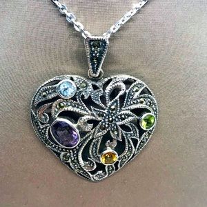 Silver Marcasite, Peridot, Citrine, Amethyst & Blue Topaz Pendant & 18” Chain